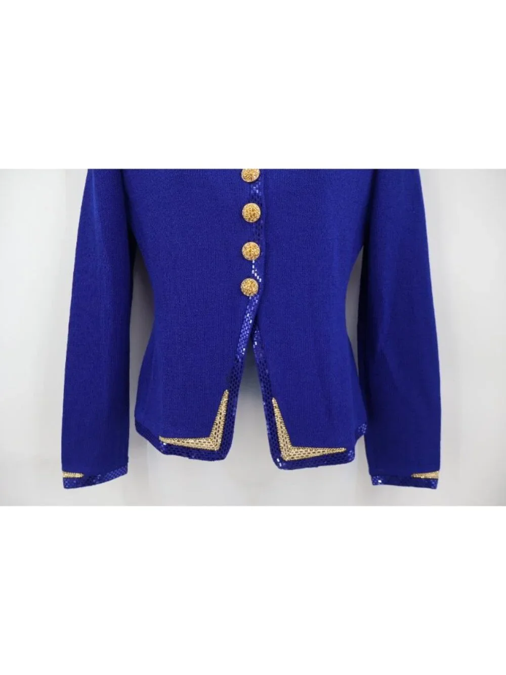 St. John Evening Blazer Size 2 Royal Blue Santana Knit Gold Sequin Trim Button - Picture 4 of 15